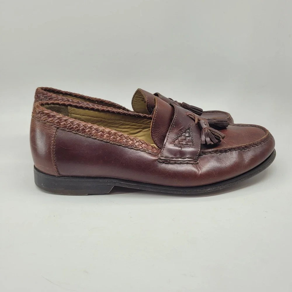 Johnston Murphy Mens 10M Brown Leather Tassel Loafers Woven Trim‎ Dress Shoes